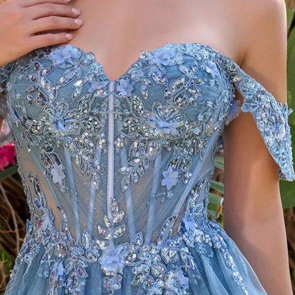 New Off The Shoulder A-Line Mesh Gown w/ Floral Applqiue & Layered Skirt GL3719 - Picture 6 of 14